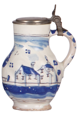 Faience stein, 6.7'' ht., mid 1700s, Hanauer Birnkrug, pewter lid, small base chip, overall good condition.