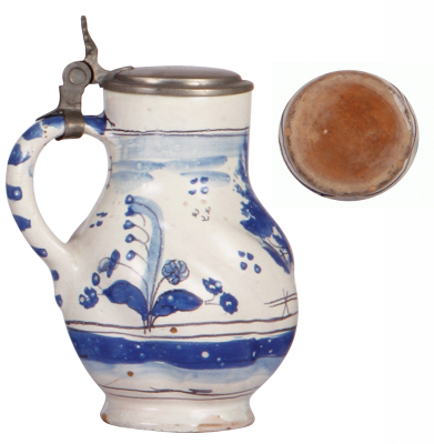 Faience stein, 6.7'' ht., mid 1700s, Hanauer Birnkrug, pewter lid, small base chip, overall good condition. - 3