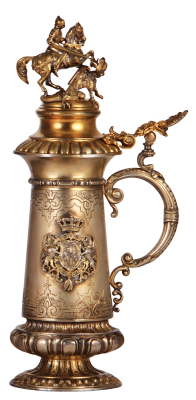 Silver stein, 13.3'' ht., marked 905 GRAMM, Jauner, Wein, approximately 1695 grams with weighted base, St. George & dragon finial, gold wash interior & lid, gold wash on body is somewhat worn, dedication: Tisztelet DIJA Jozsef Fö Herczeg Oceses Kir, Fense