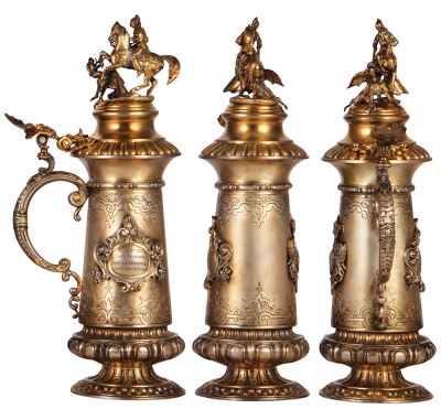 Silver stein, 13.3'' ht., marked 905 GRAMM, Jauner, Wein, approximately 1695 grams with weighted base, St. George & dragon finial, gold wash interior & lid, gold wash on body is somewhat worn, dedication: Tisztelet DIJA Jozsef Fö Herczeg Oceses Kir, Fense - 2