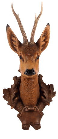 Black Forest wood carving, 25.5" ht., 11.0" wide, carved in Germany, early 1900s, linden wood, Gamsbock, original GamsbockÊantlers, excellent quality, very good condition. Ê