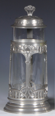Glass stein, .5L, blown, pewter base, handle, overlay & lid, Art Nouveau, mint.