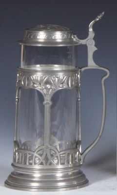 Glass stein, .5L, blown, pewter base, handle, overlay & lid, Art Nouveau, mint. - 2