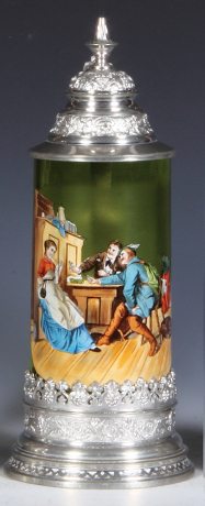 Glass stein, .5L, blown, uranium glass, hand-painted, tavern scene, pewter lid, mint.