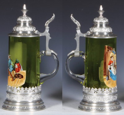 Glass stein, .5L, blown, uranium glass, hand-painted, tavern scene, pewter lid, mint. - 2