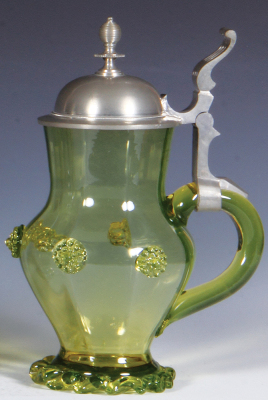 Glass stein, .5L, blown, almost uranium color, applied prunts & base ruffle, pewter lid, mint. - 2