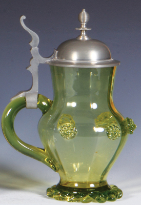 Glass stein, .5L, blown, almost uranium color, applied prunts & base ruffle, pewter lid, mint. - 3