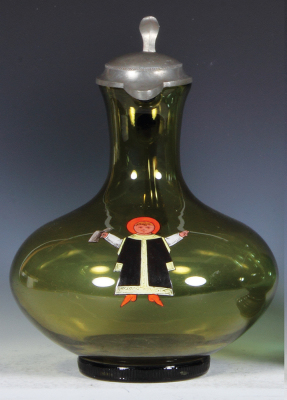 Glass stein, 2.0L, 10.6'' ht., blown, amber hand-painted, Münchener Kindl, pewter lid, mint.