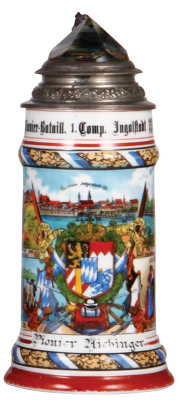 Regimental stein, .5L, 9.0'' ht., porcelain, 1. Comp., bayr. Pionier. Batail. Nr. 1, Ingolstadt, 1903 - 1905, roster, four side scenes, lion thumblift, prism lid, named to: Pionier Aichinger, flake at top of prism, lithophane lines, slight pewter tear. 