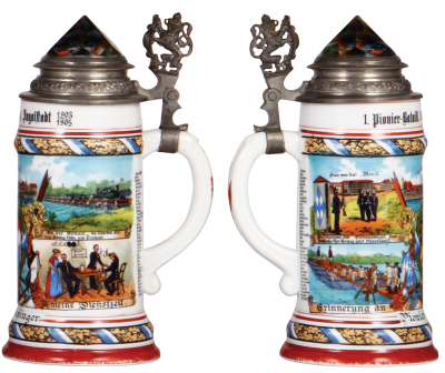 Regimental stein, .5L, 9.0'' ht., porcelain, 1. Comp., bayr. Pionier. Batail. Nr. 1, Ingolstadt, 1903 - 1905, roster, four side scenes, lion thumblift, prism lid, named to: Pionier Aichinger, flake at top of prism, lithophane lines, slight pewter tear.  - 2