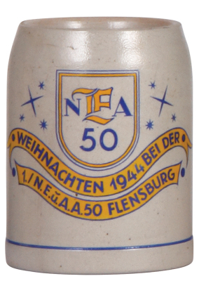 Third Reich stein, .5L, stoneware, 1./ N.E. ü. A.A. Flensburg, 1944, no lid, body mint.