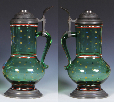 Glass stein, 2.0L, 12.5'' ht., blown, green, handpainted, marked Lobmeyer, pewter lid, mint. - 2