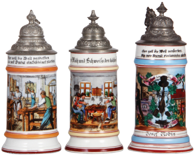 Three porcelain steins, .5L, transfer & hand-painted, Occupational Schreiner [Carpenter], pewter lid, mint; with, .5L, transfer & hand-painted, Occupational Schuhmacher [Shoemaker], pewter lid, hairline in lithophane and base; with, .5L, transfer & hand-p