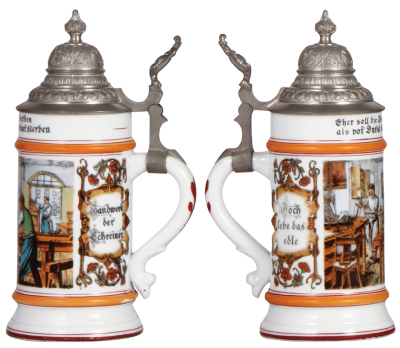Three porcelain steins, .5L, transfer & hand-painted, Occupational Schreiner [Carpenter], pewter lid, mint; with, .5L, transfer & hand-painted, Occupational Schuhmacher [Shoemaker], pewter lid, hairline in lithophane and base; with, .5L, transfer & hand-p - 2