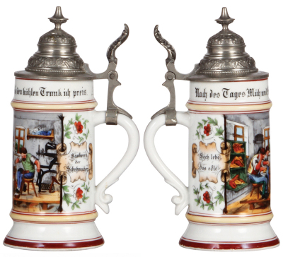 Three porcelain steins, .5L, transfer & hand-painted, Occupational Schreiner [Carpenter], pewter lid, mint; with, .5L, transfer & hand-painted, Occupational Schuhmacher [Shoemaker], pewter lid, hairline in lithophane and base; with, .5L, transfer & hand-p - 3