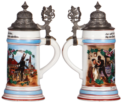 Three porcelain steins, .5L, transfer & hand-painted, Occupational Schreiner [Carpenter], pewter lid, mint; with, .5L, transfer & hand-painted, Occupational Schuhmacher [Shoemaker], pewter lid, hairline in lithophane and base; with, .5L, transfer & hand-p - 4