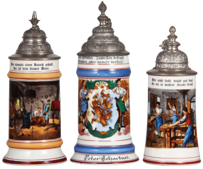 Three porcelain steins, .5L, transfer & hand-painted, Occupational Schmiede [Blacksmith], pewter lid, mint; with, .5L, transfer & hand-painted, Occupational Schreiner [Carpenter], pewter lid, faint lithophane lines, otherwise mint; with, .4L, transfer & h