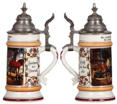 Three porcelain steins, .5L, transfer & hand-painted, Occupational Schmiede [Blacksmith], pewter lid, mint; with, .5L, transfer & hand-painted, Occupational Schreiner [Carpenter], pewter lid, faint lithophane lines, otherwise mint; with, .4L, transfer & h - 2