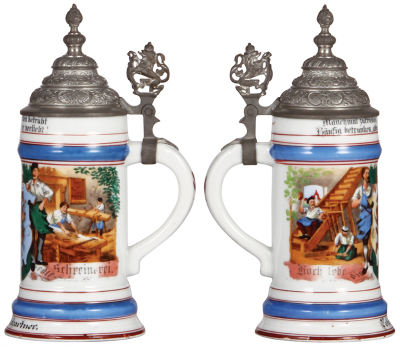Three porcelain steins, .5L, transfer & hand-painted, Occupational Schmiede [Blacksmith], pewter lid, mint; with, .5L, transfer & hand-painted, Occupational Schreiner [Carpenter], pewter lid, faint lithophane lines, otherwise mint; with, .4L, transfer & h - 3