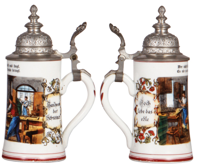 Three porcelain steins, .5L, transfer & hand-painted, Occupational Schmiede [Blacksmith], pewter lid, mint; with, .5L, transfer & hand-painted, Occupational Schreiner [Carpenter], pewter lid, faint lithophane lines, otherwise mint; with, .4L, transfer & h - 4