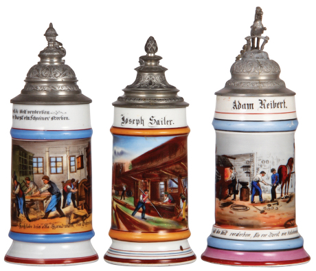 Three porcelain steins, .5L, transfer & hand-painted, Occupational Schreiner [Carpenter], pewter lid, mint; with, .5L, transfer & hand-painted, Occupational Säger [Saw Operator], pewter lid, factory glaze flaw [spot] on base, mint; with, .5L, transfer & h