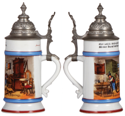 Three porcelain steins, .5L, transfer & hand-painted, Occupational Schreiner [Carpenter], pewter lid, mint; with, .5L, transfer & hand-painted, Occupational Säger [Saw Operator], pewter lid, factory glaze flaw [spot] on base, mint; with, .5L, transfer & h - 2