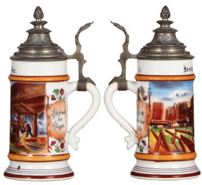 Three porcelain steins, .5L, transfer & hand-painted, Occupational Schreiner [Carpenter], pewter lid, mint; with, .5L, transfer & hand-painted, Occupational Säger [Saw Operator], pewter lid, factory glaze flaw [spot] on base, mint; with, .5L, transfer & h - 3