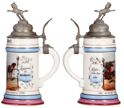 Three porcelain steins, .5L, transfer & hand-painted, Occupational Schreiner [Carpenter], pewter lid, mint; with, .5L, transfer & hand-painted, Occupational Säger [Saw Operator], pewter lid, factory glaze flaw [spot] on base, mint; with, .5L, transfer & h - 4