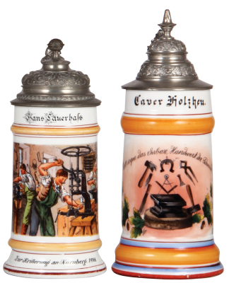 Two porcelain steins, .5L, transfer & hand-painted, Occupational Schlosser [Locksmith], Nürnberg 1898, pewter lid, color wear on rear of lower red band & handle; with, .5L, transfer & hand-painted, Occupational Schmiede [Blacksmith], pewter lid, mint. 