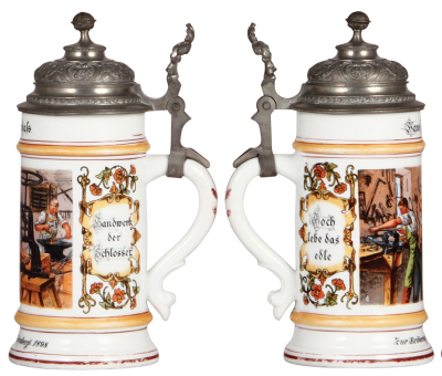 Two porcelain steins, .5L, transfer & hand-painted, Occupational Schlosser [Locksmith], Nürnberg 1898, pewter lid, color wear on rear of lower red band & handle; with, .5L, transfer & hand-painted, Occupational Schmiede [Blacksmith], pewter lid, mint.  - 2