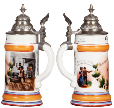 Two porcelain steins, .5L, transfer & hand-painted, Occupational Schlosser [Locksmith], Nürnberg 1898, pewter lid, color wear on rear of lower red band & handle; with, .5L, transfer & hand-painted, Occupational Schmiede [Blacksmith], pewter lid, mint.  - 3