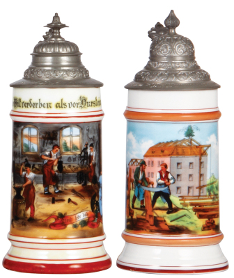 Two porcelain steins, .5L, transfer & hand-painted, Occupational Schlosser [Locksmith], pewter lid, mint; with, .5L, transfer & hand-painted, Occupational Zimmerleute [Carpenter], pewter lid, mint. 
