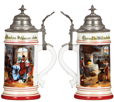 Two porcelain steins, .5L, transfer & hand-painted, Occupational Schlosser [Locksmith], pewter lid, mint; with, .5L, transfer & hand-painted, Occupational Zimmerleute [Carpenter], pewter lid, mint.  - 2