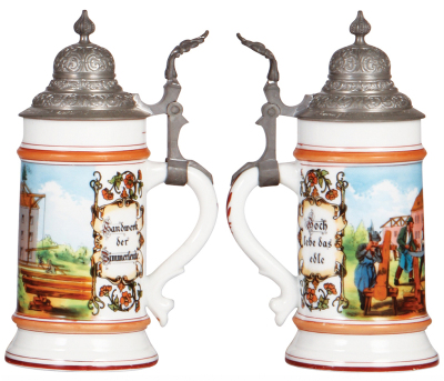 Two porcelain steins, .5L, transfer & hand-painted, Occupational Schlosser [Locksmith], pewter lid, mint; with, .5L, transfer & hand-painted, Occupational Zimmerleute [Carpenter], pewter lid, mint.  - 3