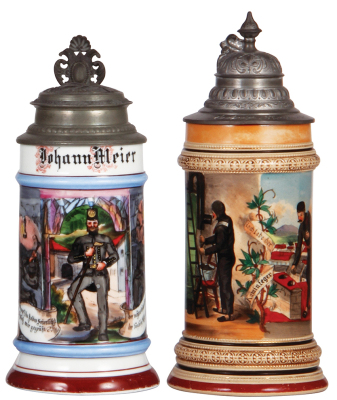 Two steins, .5L, porcelain, transfer & hand-painted, Occupational Bergmann [Miner], Miesbach, 1896, relief pewter lid, paint covers the inside rim for the upper 1", no repair on the outside; with, .5L, pottery, transfer & hand-painted, Occupational Kaminf