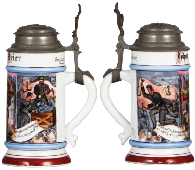 Two steins, .5L, porcelain, transfer & hand-painted, Occupational Bergmann [Miner], Miesbach, 1896, relief pewter lid, paint covers the inside rim for the upper 1", no repair on the outside; with, .5L, pottery, transfer & hand-painted, Occupational Kaminf - 2