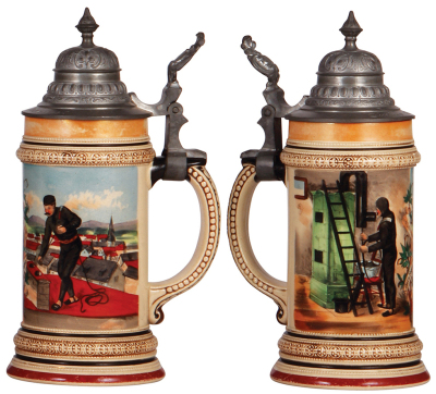 Two steins, .5L, porcelain, transfer & hand-painted, Occupational Bergmann [Miner], Miesbach, 1896, relief pewter lid, paint covers the inside rim for the upper 1", no repair on the outside; with, .5L, pottery, transfer & hand-painted, Occupational Kaminf - 3