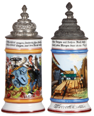 Two porcelain steins, .5L, transfer & hand-painted, Occupational Bauschlosser [Locksmith], pewter lid, mint; with, .5L, transfer & hand-painted, Occupational Säger [Sawmill Worker], pewter lid, lithophane line, otherwise mint. 