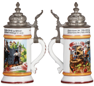 Two porcelain steins, .5L, transfer & hand-painted, Occupational Bauschlosser [Locksmith], pewter lid, mint; with, .5L, transfer & hand-painted, Occupational Säger [Sawmill Worker], pewter lid, lithophane line, otherwise mint.  - 2