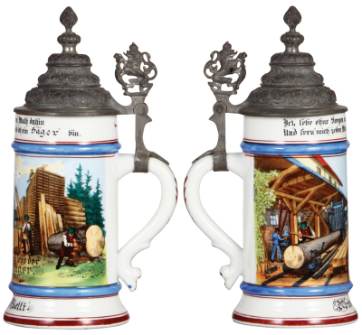 Two porcelain steins, .5L, transfer & hand-painted, Occupational Bauschlosser [Locksmith], pewter lid, mint; with, .5L, transfer & hand-painted, Occupational Säger [Sawmill Worker], pewter lid, lithophane line, otherwise mint.  - 3