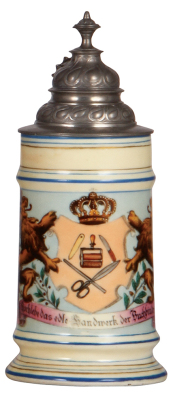 Porcelain stein, .5L, transfer & hand-painted, Occupational Buchbinder [Bookbinder], rare, pewter lid, extensive repair, painted inside & out except for the scene. From the Etheridge Collection. 
