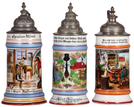 Three porcelain steins, .5L, transfer & hand-painted, Occupational Hufbeschlagschule [Blacksmith School], pewter lid, mint; with, Occupational Kaminkehrer [Chimney Sweeper], Stuttgart 1915, pewter lid, deep lithophane line, small wear on red band; with, O