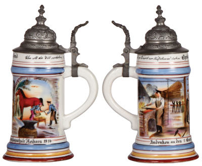 Three porcelain steins, .5L, transfer & hand-painted, Occupational Hufbeschlagschule [Blacksmith School], pewter lid, mint; with, Occupational Kaminkehrer [Chimney Sweeper], Stuttgart 1915, pewter lid, deep lithophane line, small wear on red band; with, O - 2