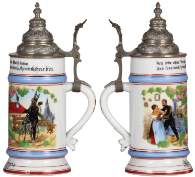 Three porcelain steins, .5L, transfer & hand-painted, Occupational Hufbeschlagschule [Blacksmith School], pewter lid, mint; with, Occupational Kaminkehrer [Chimney Sweeper], Stuttgart 1915, pewter lid, deep lithophane line, small wear on red band; with, O - 3