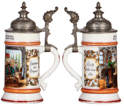 Three porcelain steins, .5L, transfer & hand-painted, Occupational Hufbeschlagschule [Blacksmith School], pewter lid, mint; with, Occupational Kaminkehrer [Chimney Sweeper], Stuttgart 1915, pewter lid, deep lithophane line, small wear on red band; with, O - 4