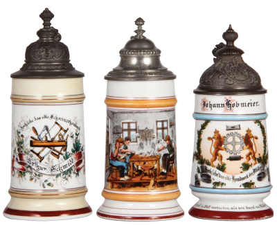Three porcelain steins, .5L, transfer & hand-painted, Occupational Schreiner [Carpenter], pewter lid, mint; with, .5L, transfer & hand-painted, Occupational Schuster [Shoemaker], pewter lid is an old replacement, a little color wear to red base band; with