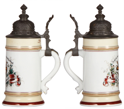 Three porcelain steins, .5L, transfer & hand-painted, Occupational Schreiner [Carpenter], pewter lid, mint; with, .5L, transfer & hand-painted, Occupational Schuster [Shoemaker], pewter lid is an old replacement, a little color wear to red base band; with - 2