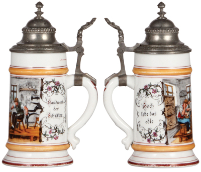 Three porcelain steins, .5L, transfer & hand-painted, Occupational Schreiner [Carpenter], pewter lid, mint; with, .5L, transfer & hand-painted, Occupational Schuster [Shoemaker], pewter lid is an old replacement, a little color wear to red base band; with - 3