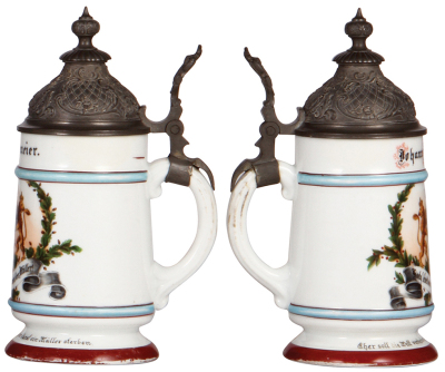 Three porcelain steins, .5L, transfer & hand-painted, Occupational Schreiner [Carpenter], pewter lid, mint; with, .5L, transfer & hand-painted, Occupational Schuster [Shoemaker], pewter lid is an old replacement, a little color wear to red base band; with - 4