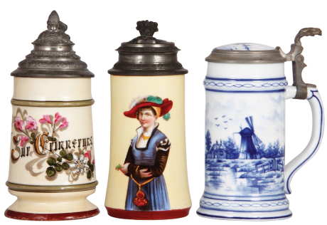 Three porcelain steins, .5L, transfer, Zur Erinnerung, lithophane, pewter lid, mint; with, .5L, transfer, woman, lithophane, pewter lid is an old replaced lid, body mint; with, .5L, hand-painted, windmill, lithophane, .5" base chip in rear.